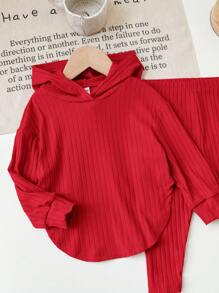 SHEIN 女婴舒适针织纯色连帽上衣和松紧腰裤 2 件/套，秋冬 - 紅色 - 查看 7