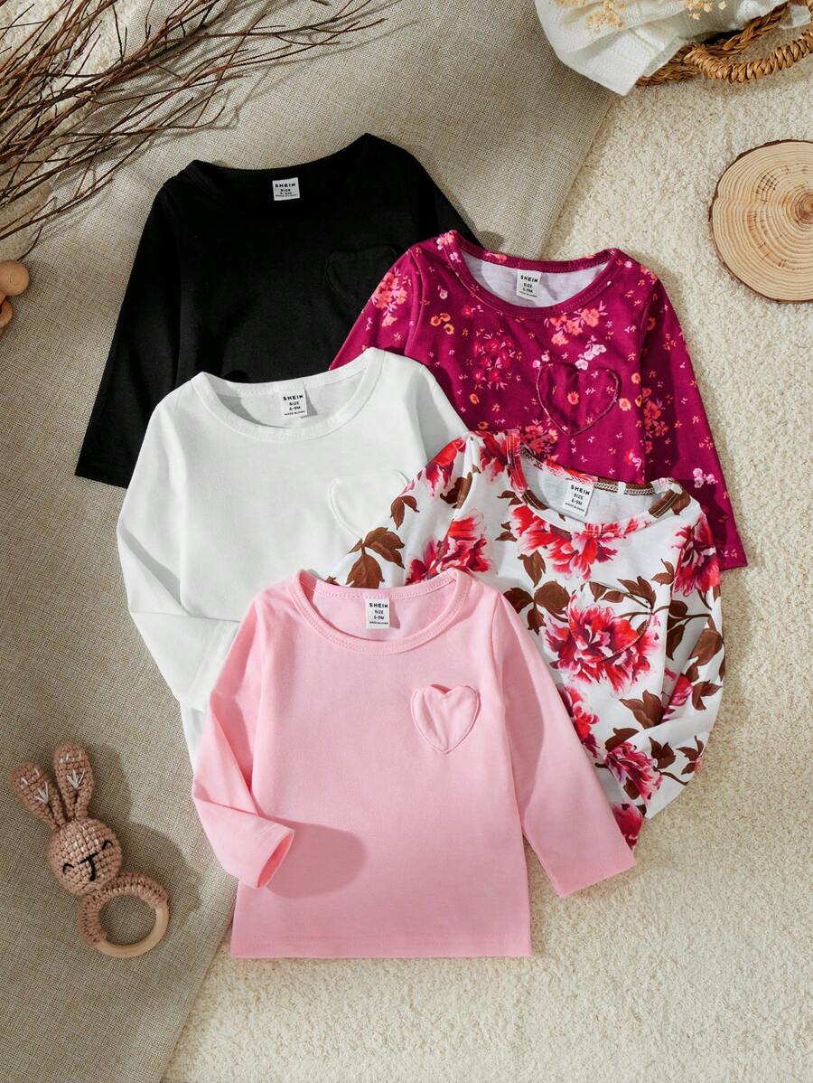 SHEIN 5pcs Girls Comfortable Long Sleeve Tops, Autumn - Multicolor - View 1