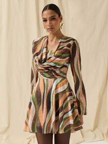 COSMINA 女式时尚撞色收腰长袖迷你连衣裙