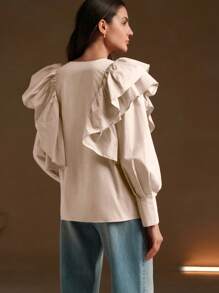 Anewsta Áo cánh cổ chữ V tay lỡ bèo nhún thanh lịch dành cho nữ đi nghỉ mát - Màu Khaki - Xem 2