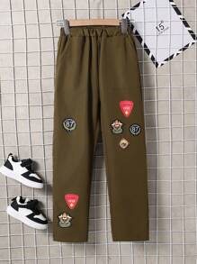 SHEIN Tween Boy Fashion Printed Patchwork Long Pants, Autumn/Winter - Army Green - View 3