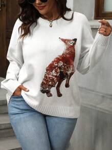 SHEIN LUNE 大码女式狐狸图案圆领落肩长袖休闲套头毛衣，适合秋冬季穿着。 - 白色 - 查看 1
