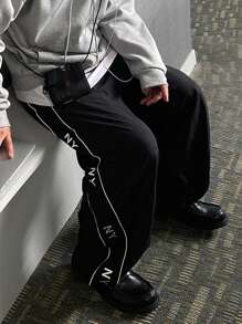 DAZY Men's Casual Everyday Letter Print Fashion Loose Fit Wide Leg Pants, Autumn Men Joggers - Black - View 7