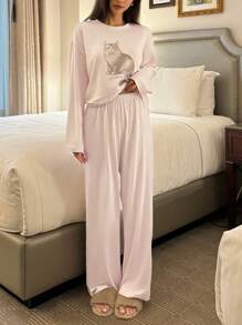 DAZY Cat Print Polka Dot Loose Pajama Set, Fall Winter Clothes