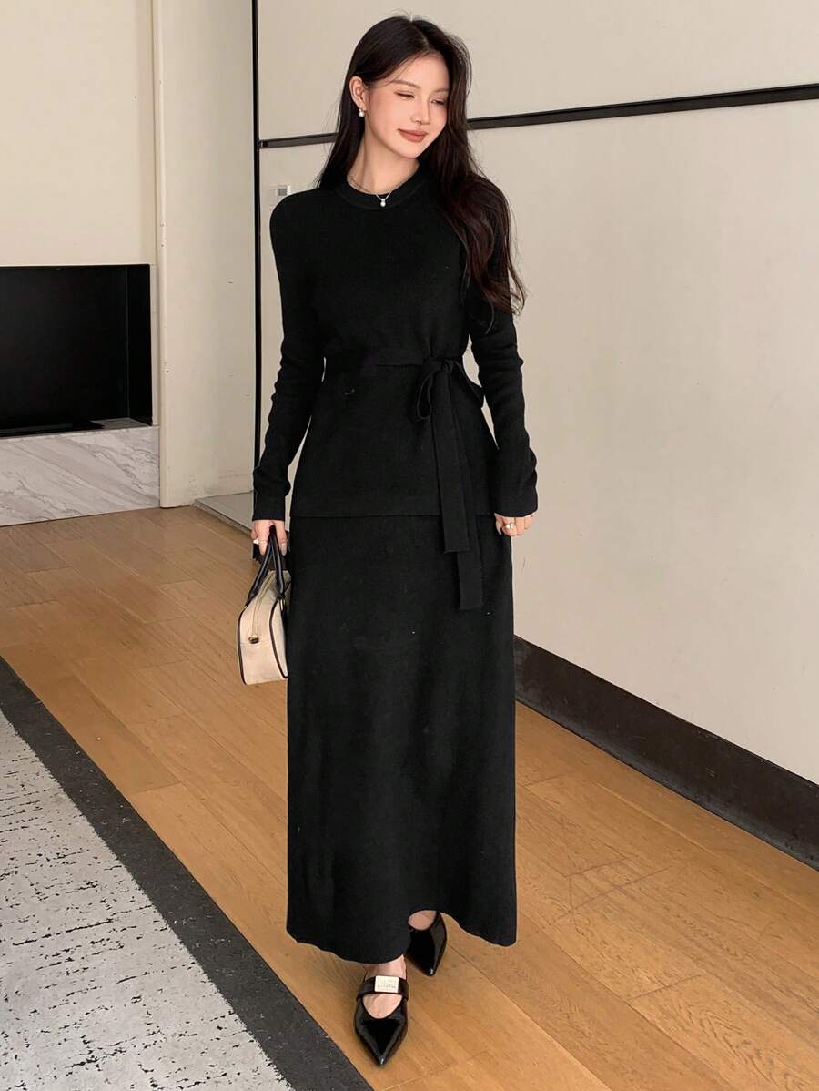 DAZY 2 件女式纯色圆领长袖毛衣和超长针织裙套装，优雅秋冬季 - 黑色 - 查看 1