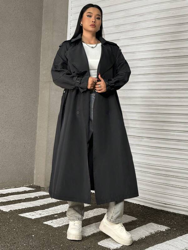 SHEIN EZwear Plus Size Women Long Sleeve Solid Color Double-Breasted Long Casual Trench Coat, Autumn/Winter