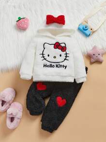 HELLO KITTY AND FRIENDS | SHEIN 2 件套女婴可爱甜美休闲白色卡通猫印花蝴蝶结连帽衫运动衫和黑色爱心运动裤泰迪熊套装