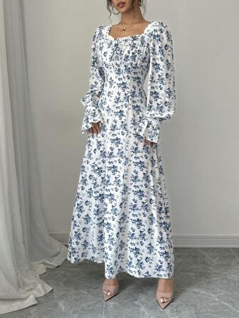 Rafferiza 优雅花卉印花方领连衣裙，荷叶边饰边，荷叶边袖，珍珠纽扣装饰，适合春秋季长款女装