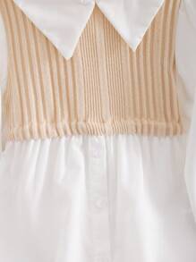 SHEIN Áo sơ mi dài tay cổ Peter Pan phong cách đại học giản dị cho bé gái tuổi teen màu tương phản - Màu be - Xem 10