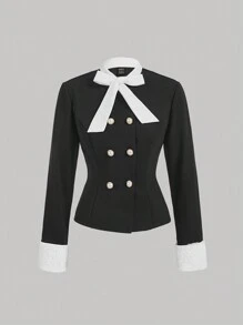 SHEIN MOD Veste élégante de femmes à col et manchettes en nœud papillon double boutonnage, veste d'hiver pour femmes, veste d'automne pour femmes, tenue d'automne pour femmes, veste d'hiver pour femmes