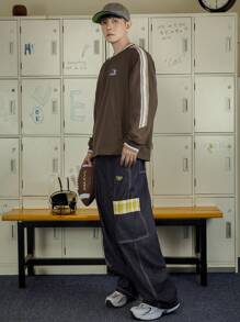 DAZY Quần Jeans Ống Rộng Thêu Chữ Mùa Thu Cho Nam - Màu xanh lam - Xem 3