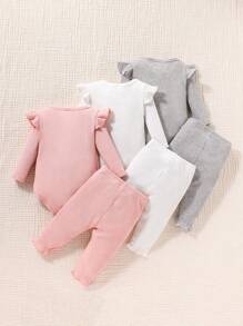 SHEIN Newborn Baby Girls Cap Sleeve Heart Embroidery Bodysuit & Pants 3 Packs Outfit Set Chic Outfits For Autumn/Winter - Multicolor - View 2