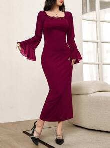 Modelyn 勃艮第红女士优雅纯色蕾丝边喇叭袖美人鱼下摆连衣裙，秋季 - 酒紅色 - 查看 4