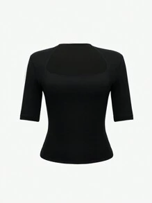 XLLAIS Women's Double-Layer Elastic Transformable Neckline Fitted 3/4 Sleeve T-Shirt Casual Black Spring - Black - View 6