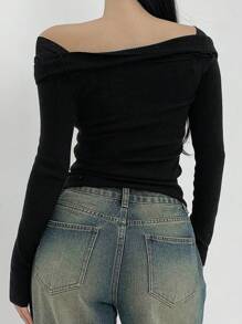DAZY 1pc Women's Wrap Style Fitted Square Neck Long Sleeve Sweater Fall - Black - View 5