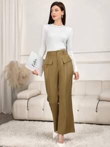 Modelyn Women Solid Color High Waist Slim Flared Leg Office Pants - Khaki - View 6