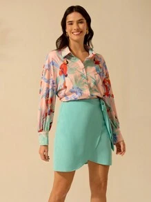 CAJUNI Women's Boho Colorful Parrot Print Loose Fit Drop Shoulder Long Sleeve Blouse, Casual Summer Beach Vacation