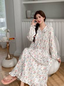 DAZY Floral Allover Print Loose Ruffled Collar Nightgown Pajama, Fall - Beige - View 3
