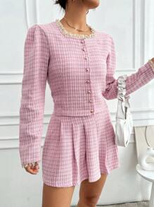 SHEIN Cottnline Lace Trim Puff Sleeve Jacket And Pleated Skirt 2pcs/Set - Pink - View 4
