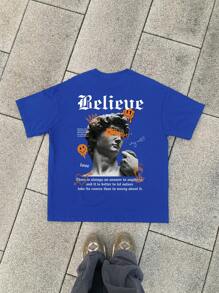 Manfinity EMRG 男士休闲宽松雕塑与口号印花短袖 T 恤，夏季街头风格 - 藍色 - 查看 2