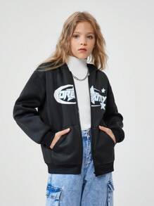 SHEIN Tween Girls' Black Letter Print Zip-Up Hoodie Sweatshirt In Fall/Winter
