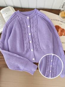 SHEIN Teen Girls Cable Knit Solid Color Round Neck Long Sleeve Cardigan Sweater - Purple - View 1