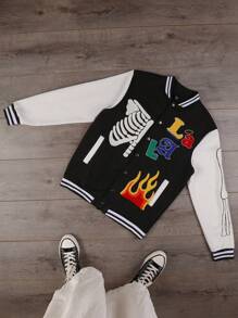 Manfinity EMRG Skull & Letter Print College Style Bomber Jacket, Suitable For Casual Outings - Multicolor - View 1