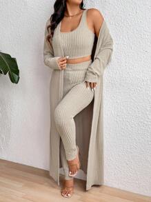 SHEIN Clasi Plus Size Women 3 Pieces Set: Super Soft Fleece Vest + Pants + Jacket - Apricot - View 7
