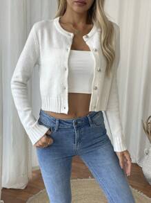 EMERY ROSE Plain Front Buttoned Round Neck Casual Long Sleeve Knit Cardigan,Long Sleeve Tops Fall Winter Cloth For Women - White - View 5