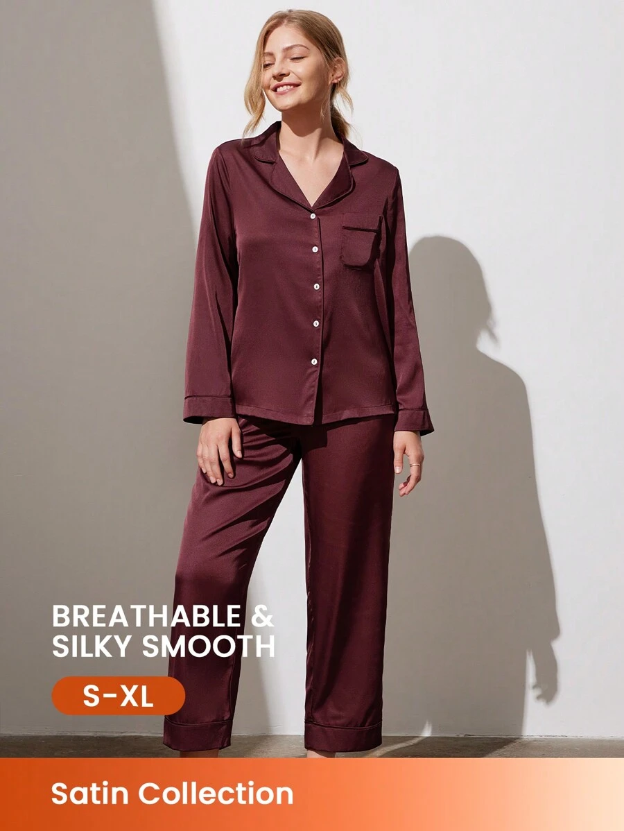LUVLETTE Weihnachts- und Neujahrspyjamas Herbst und Winter Rot & Burgund Grundlegende Satin Einfarbig Knopf-Oben Pyjama & Loungewear Sets für Frauen Pyjama Sets für Frauen Herbst Pyjamas Kleidung