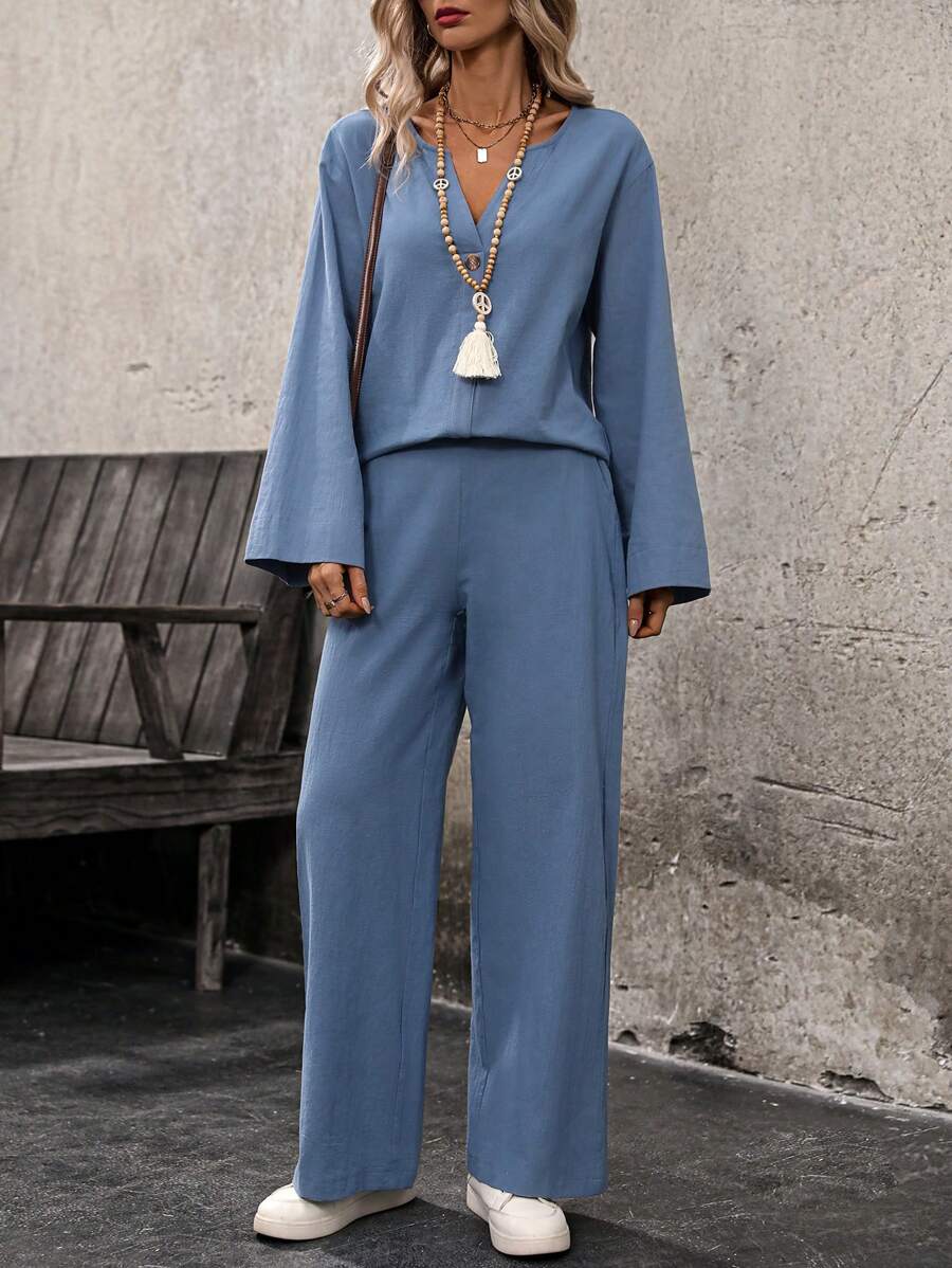 SHEIN LUNE 2-Piece Vacation Casual Solid Notched Neck Shirt & Pants Set - Blue - View 1