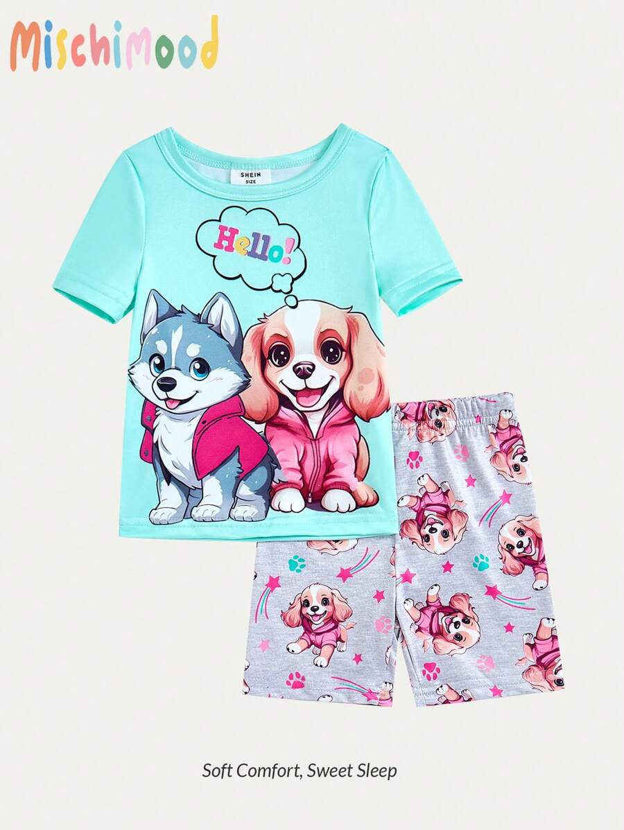 Baby Girl Simple & Cute Puppy Printed Snug Fit Short Sleeve Shorts Two Pieces Homewear Set - Multicolor - View 1