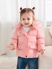 SHEIN Leap Crew Babygirl 可爱百搭温暖粉色羊毛领夹棉大衣，秋冬款 - 粉色 - 查看 1