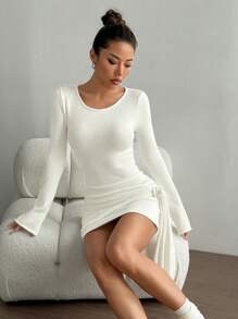 Flirla Women Casual Solid Color Form-Fitting Side Strap Bodycon Dress, Autumn/Winter