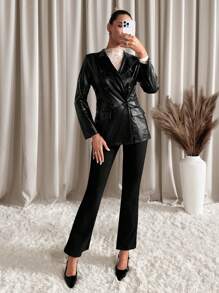 SHEIN Clasi Áo khoác thời trang nữ PU dập nổi có túi, Thu/Đông - màu đen - Xem 5