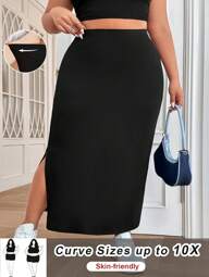 SHEIN CURVE+ Plus Size Fitted Simple Solid Color Split Hem Stretchy Casual Pencil Skirt