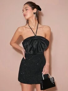 Enchnt Robe courte pour femme de couleur unie avec nœud décoratif, patchwork et sequins - Noir - Voir 2
