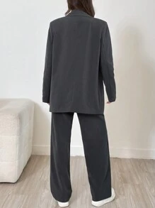 SHEIN EZwear 2 件套编织女士西装套装：灰色西装外套和裤子 - 灰色 - 查看 2