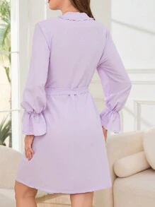 女士纯色喇叭袖荷叶边饰带腰带休闲长袍 - 紫色 - 查看 2
