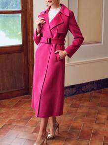 ZEYLAH LAPEL COLLAR BUCKLE BELTED OVERCOAT - Hot Pink - View 13