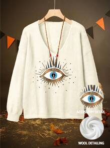 SHEIN LUNE Plus Size Women's Eyeglass Pattern V-Neck Long Sleeve Sweater, Autumn/Winter Knit Pullover Fall Outfit