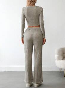 Chiquease 2pcs Women's Solid Color Long Sleeve Simple Casual Knit Top And Pants Set