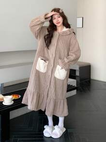 DAZY Oversized Flannel Ruffle Trim Loose Fit Open Front Hooded Robe Fluffy,Thermal Lined Fall,Winter - Khaki - View 4