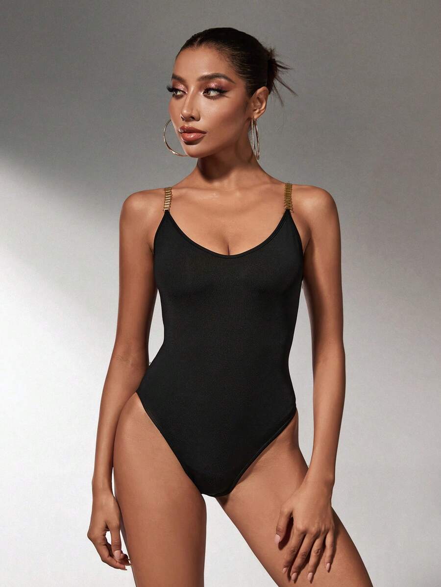 SHEIN SXY Women's Fashion Casual Chain Strap Bodysuit - Black - View 1
