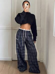 DAZY Plaid Wide Leg Pants Patchwork Contrast Color Letter Drawstring Elastic Waist Women Trousers
