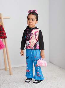 SHEIN Explorewe Baby Girls Cartoon Cat Character Digital Print Turtleneck Long Sleeve Top & Flared Pants Set, Warm And Comfortable New Fashion Essentials For Autumn/Winter