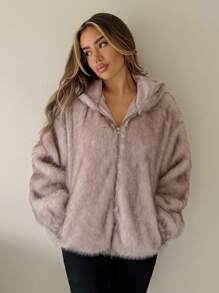 SHEIN ICON Áo khoác lông xù rộng thùng thình có tay áo Dolman hở phía trước, khóa kéo - Màu Khaki - Xem 3