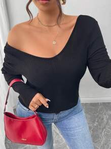 SHEIN Frenchy Casual Minimalist Loose V-Neck Black T-Shirt With Lace Patchwork, Autumn/Winter - Black - View 5