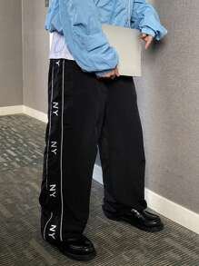 DAZY Men's Casual Everyday Letter Print Fashion Loose Fit Wide Leg Pants, Autumn Men Joggers - Black - View 4