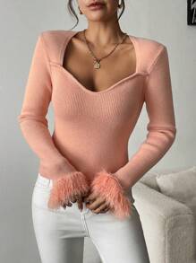 SHEIN Clasi Women's Slim Fit Furry Sleeve Base Layer Sweaterbusiness Casual Woman,Work Wear,Fall Wedding Guest Dress,